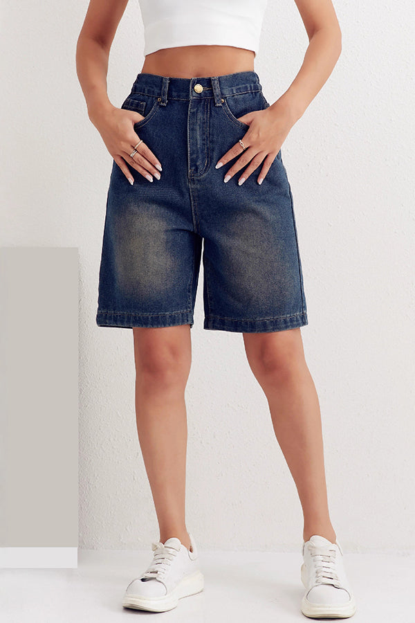 Fashionable Back Elastic Waist Pocket Casual Denim Shorts