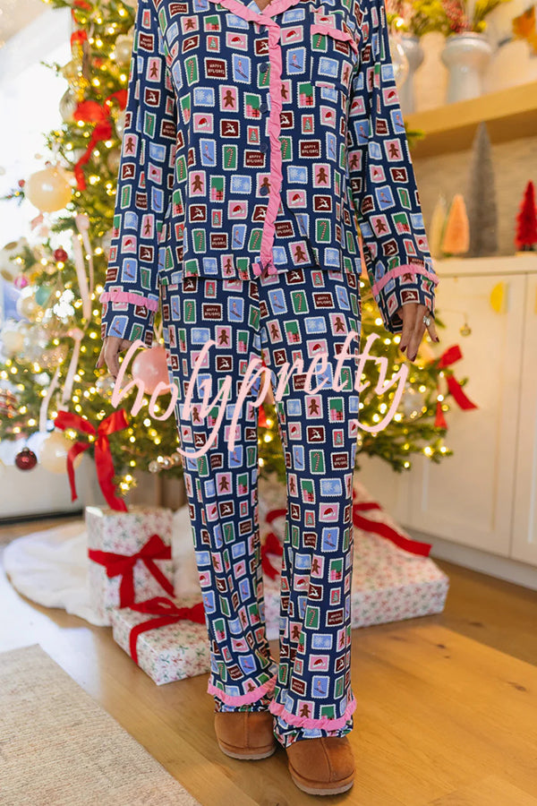 Postcards To Santa Unique Print Ruffles Trim Pocket Shirt and Elastic Waist Pajama Set