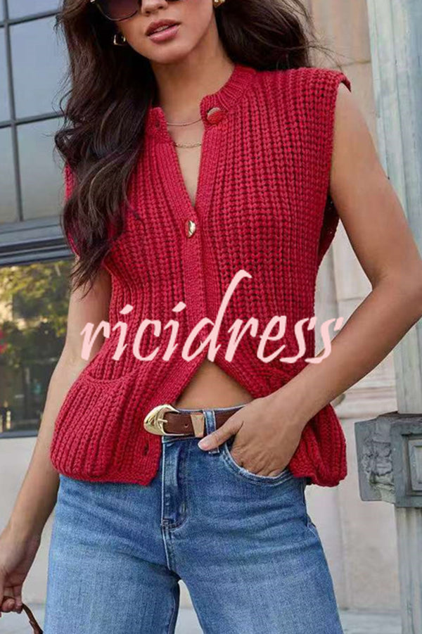 Solid Color Sleeveless Button Pocket Knit Vest