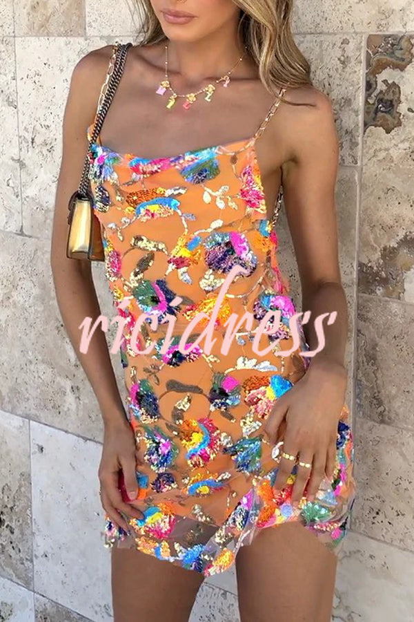 Round Neck Backless Sequin Floral Chain A Line Mini Dress