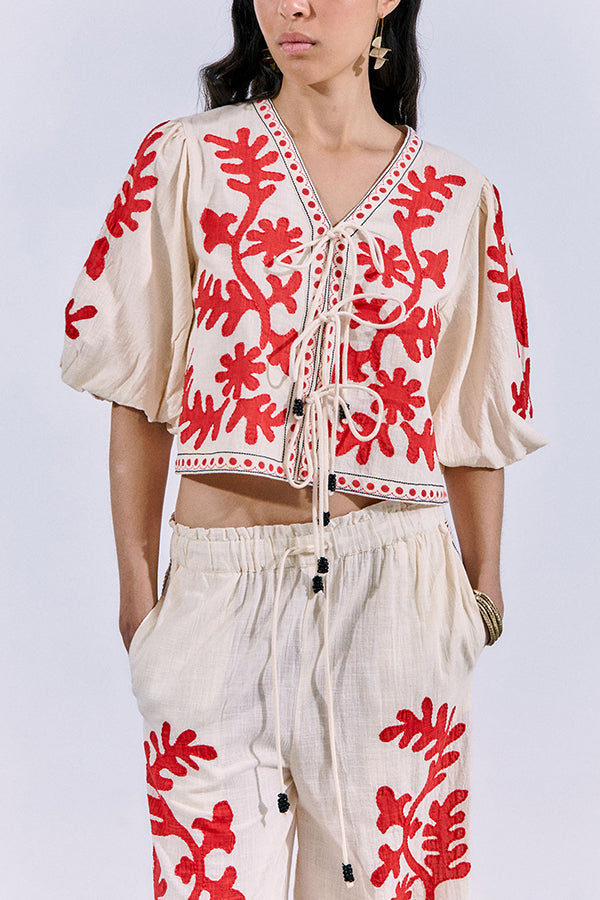 Till Sunset Linen Blend Unique Print Lace-up Puff Sleeve Shirt