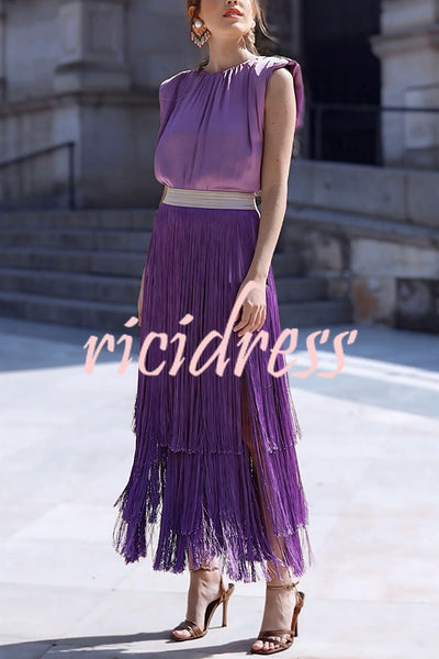 Elegant Tassel Hem Elastic Waist Casual Maxi Skirt