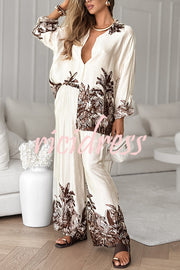Botanical Print Loose Long-sleeved Shirt and Elastic Waist Pocket Casual Wide-leg Pants