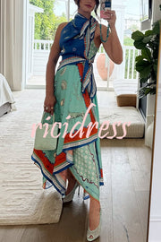 Surrealist Summer Satin Unique Print Tie-up Details Layered Hem Scarf Maxi Dress
