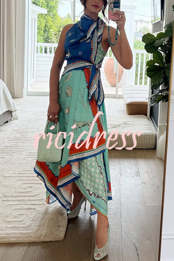Surrealist Summer Satin Unique Print Tie-up Details Layered Hem Scarf Maxi Dress