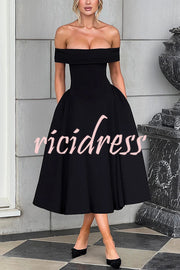 Princess Temperament Batdot Neck Pleat Detail Midi Dress