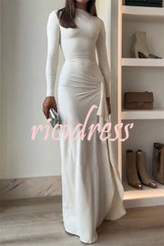 Venus Long Sleeve Ruched Side Slit Drape Ruffles Back Lace-up Stretch Maxi Dress