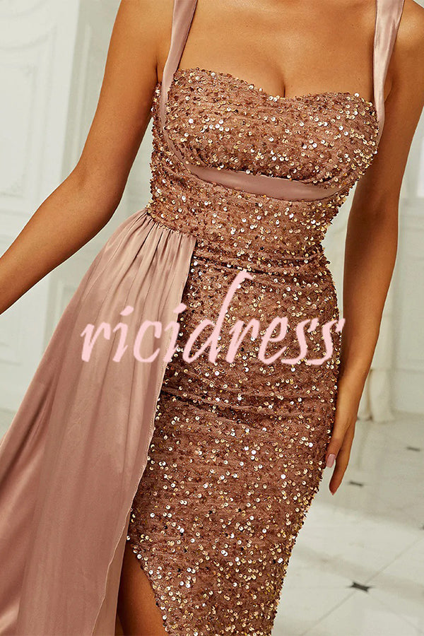 Banquet Sequined Backless Strappy Fishtail Maxi Dress