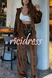 Velvet Casual Zip-up Hooded Top and Elastic Waist Wide Leg Pants Set