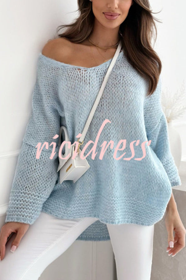 Solid Color Loose V-neck Casual Knitted Sweater