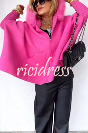 Warm Call Knit Long Sleeve Zipper Plush Hooded Pocket Loose Cardigan