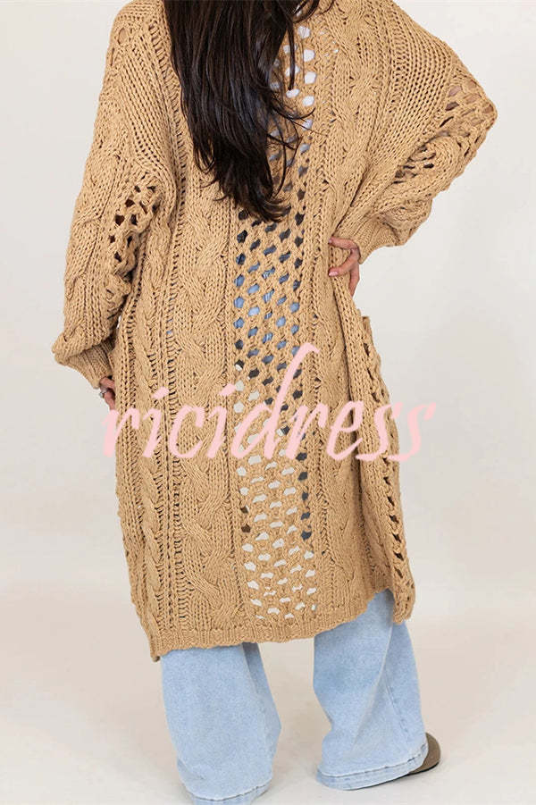 Jamila Knit Cable Cotout Long Sleeve Pocket Oversized Midi Cardigan