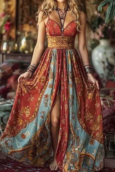 Unique Printed Open Back Pleated Waist Maxi Dress