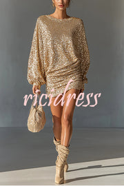 Glow Season Sequin Long Lantern Sleeve Ruched Hip Loose Mini Dress