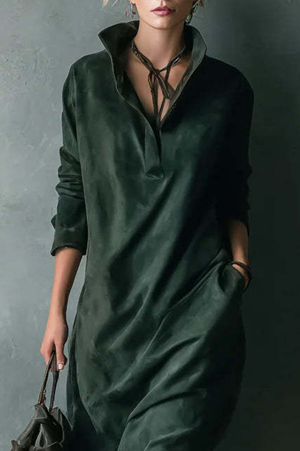 Solid Color Loose Suede Long-sleeved Casual Midi Dress