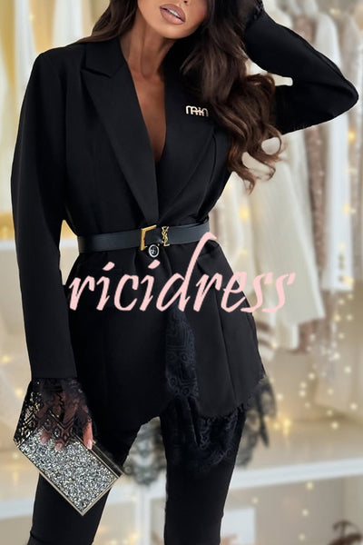Spiced Muse Lace Trim Button Up Long Sleeve Lapel Blazer
