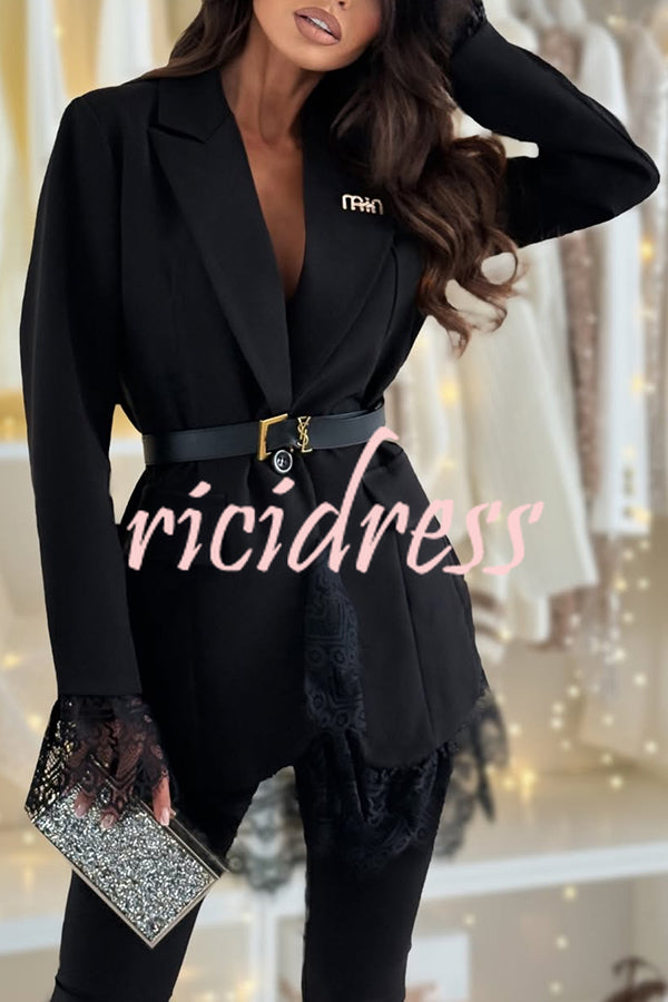 Spiced Muse Lace Trim Button Up Long Sleeve Lapel Blazer