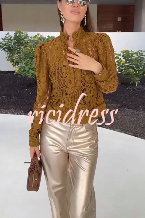 Palace Style Crochet Flower Lace Stand Neck Button Puff Sleeve Jacket