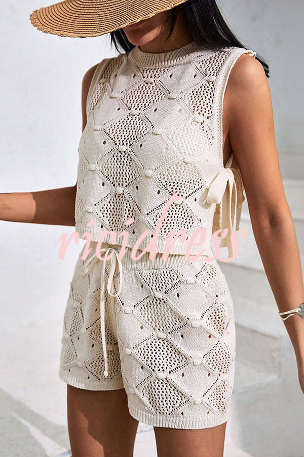 Solid Color Sleeveless Tie Knitted Vest and Loose Elastic Waist Drawstring Shorts Set