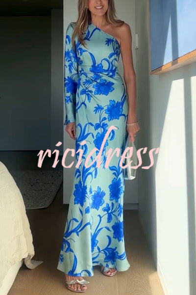 Satin Botanical Print One-Sleeve Resort Maxi Dress