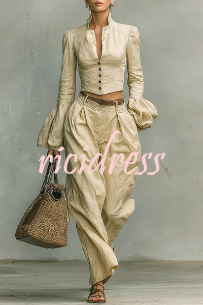 Linen-blend Long-sleeved Button-down Top and Relaxed-pocket Wide-leg Pants Set