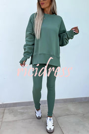 Solid Color Loose Long Sleeve SlitSweatshirt and Elastic Waist Tight Pants Set