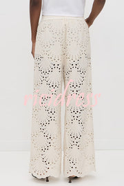 Lillah Embroidered Lace Shell Pattern Elastic Waist Pocket Wide Leg Pants