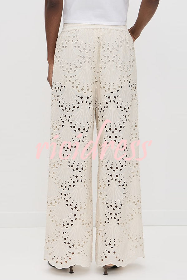 Lillah Embroidered Lace Shell Pattern Elastic Waist Pocket Wide Leg Pants