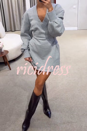 Weekend Stroll Ribbed V-neck Long Sleeve Waisted Sporty Mini Dress