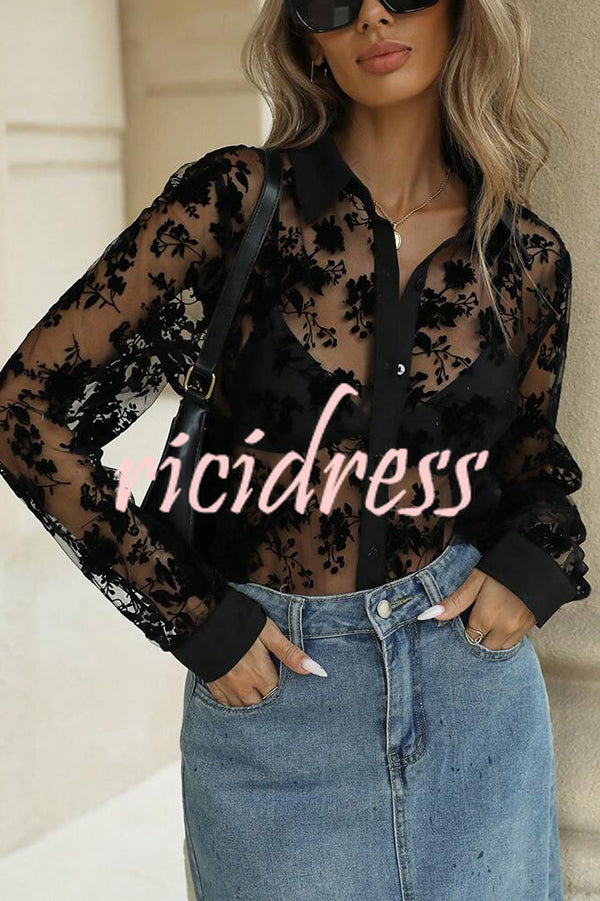 Fashion See-through Plant Lace Long Sleeve Loose Shirt