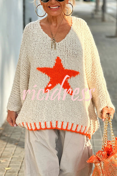 Warm Winter Day Texture Knit Star Pattern Contrast Color Loose Sweater