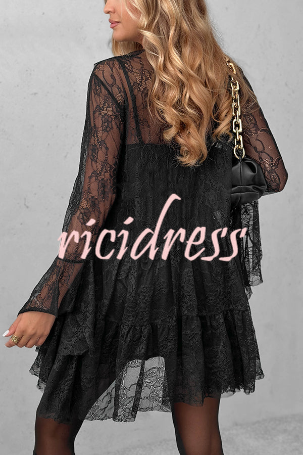 Feeling Lighthearted Lace Ruffle Neck Bell Sleeve Layered Hem A-line Mini Dress