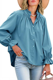 Solid Color V-neck Ruffled Lantern Sleeve Loose Casual Shirt