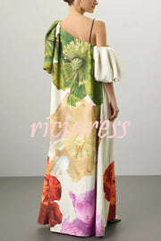 Floral Print Slant Collar Puff Sleeves Loose Holiday Maxi Dress