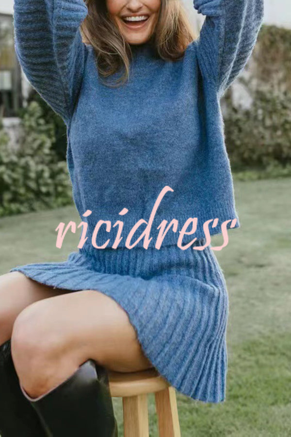 Solid Color Round Neck Puff Sleeve Loose Knit Sweater and Casual Striped Mini Skirt Set