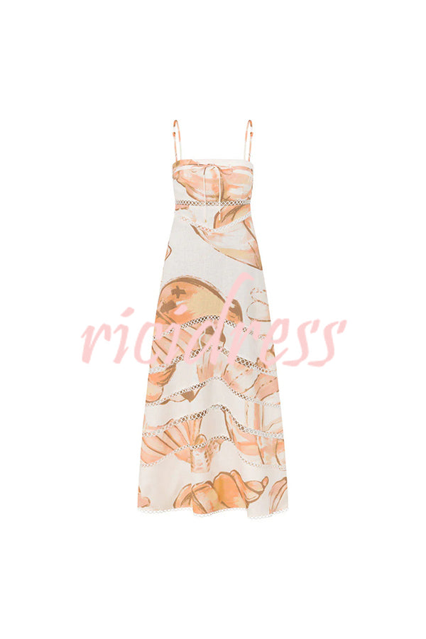 Daje Linen Blend Unique Print Round Hollow Trim Tie-up Bust Slip Maxi Dress