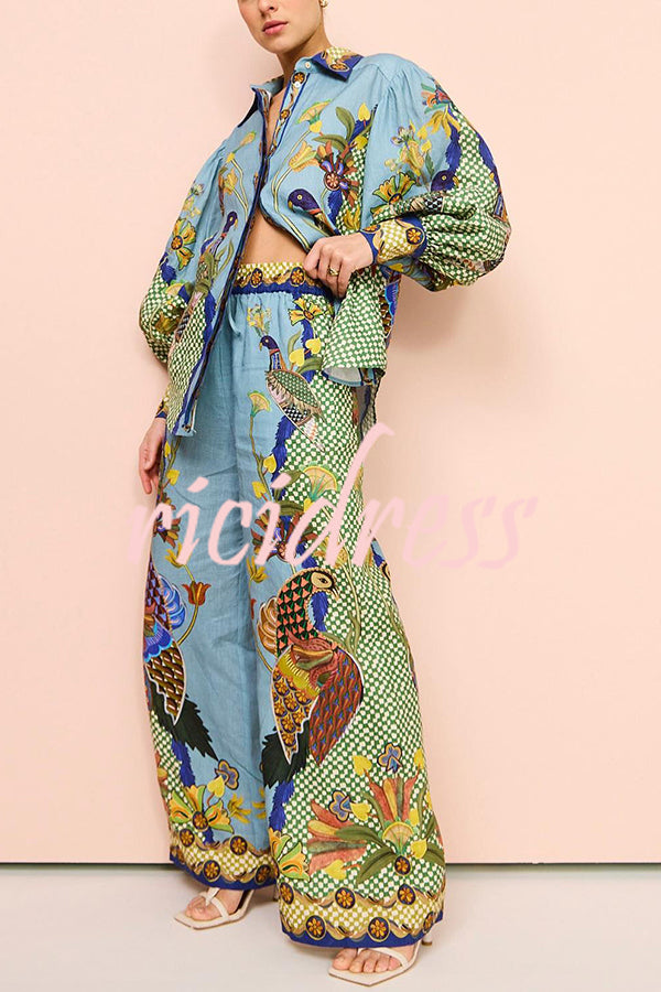 Sun Seeking Unique Heaven Bird Print Balloon Sleeve Button Loose Shirt