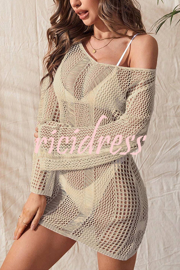 Attractive Knitted Cutout V Neck Tie Back Long Sleeve Sun Cover Up