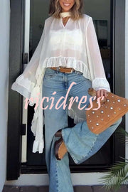 Flowy See-through Ruffle Tie-up Neck Bell Sleeve High-low Hem Cape Shirt
