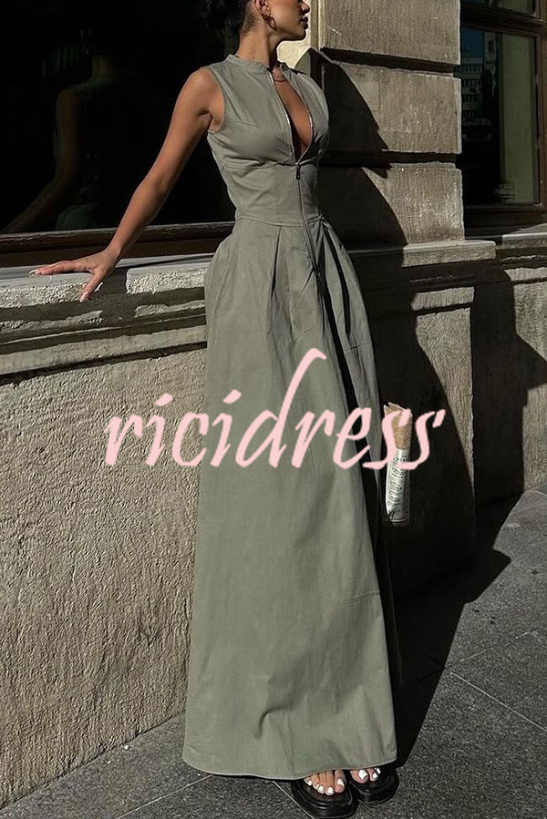 Stylish Sleeveless Zippered V-neck Slim Fit Maxi Dress