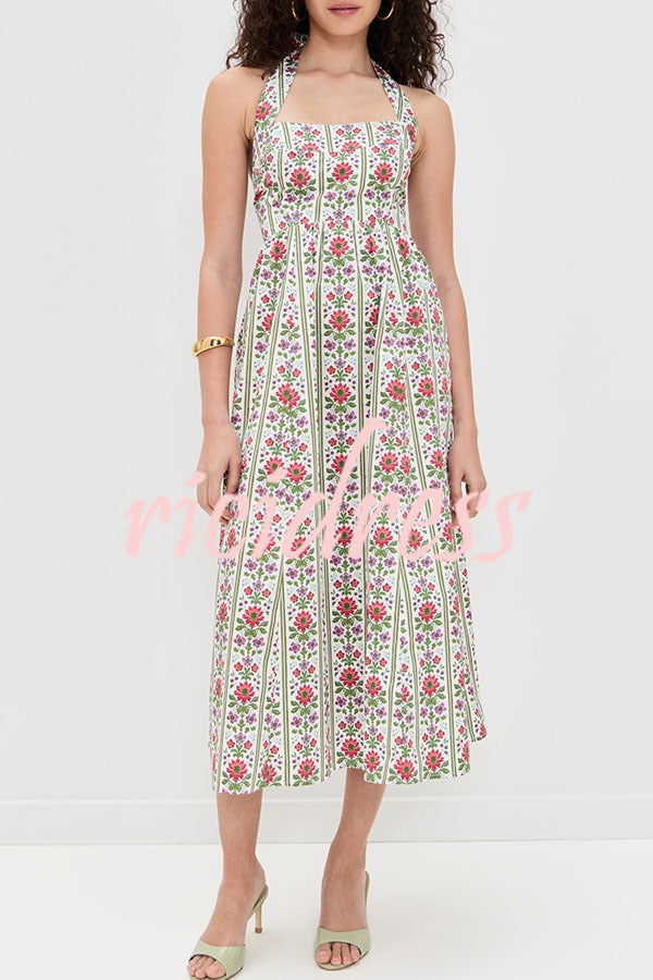 Summer Event Linen Blend Floral Pocketed Halter Maxi Dress