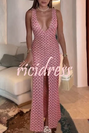So Beachy Texture Print U-neck Wide Strap Slit Stretch Maxi Dress