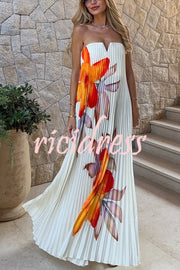 For Every Occasion Satin Pleated Floral Print V-wire Bandeau Neck Maxi Dress
