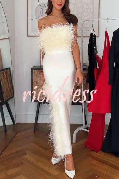 Retro and Glamorous Feather Trim Detail Bandeau Slit Stretch Midi Dress
