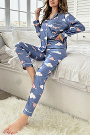 Beautifully Printed Lapel Pocket Button Lounge Pant Suit