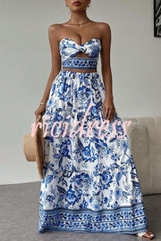 Floral Print Cutout Bandeau Top and Elastic Waist Full Maxi Skirt Set