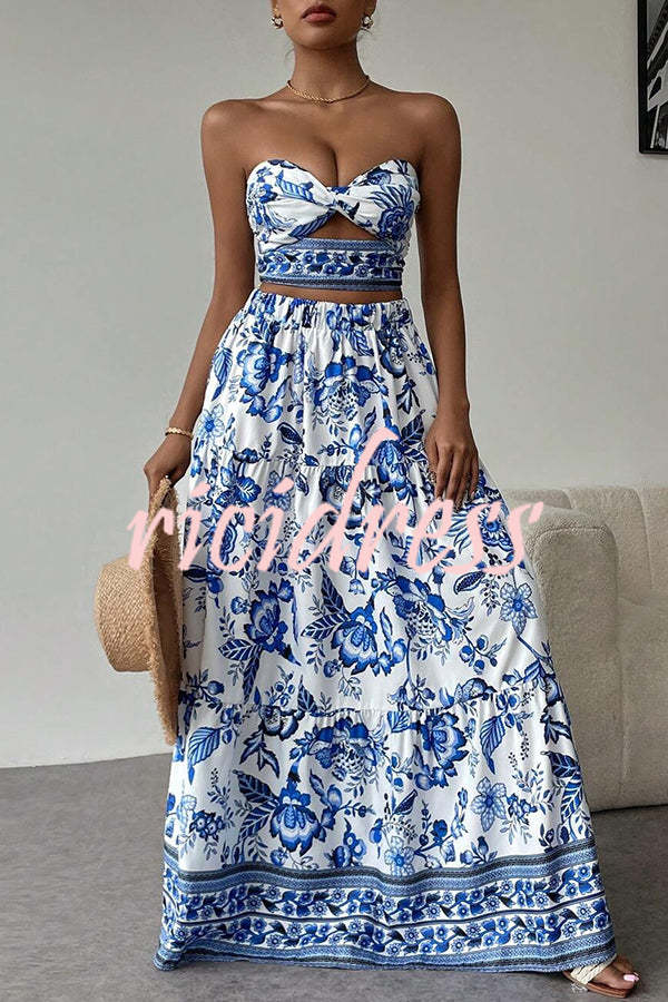 Floral Print Cutout Bandeau Top and Elastic Waist Full Maxi Skirt Set