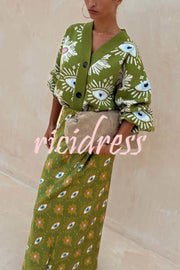 Mysterious Magic Knit Eye Heart Pattern Button Up Long Sleeve Loose Cardigan