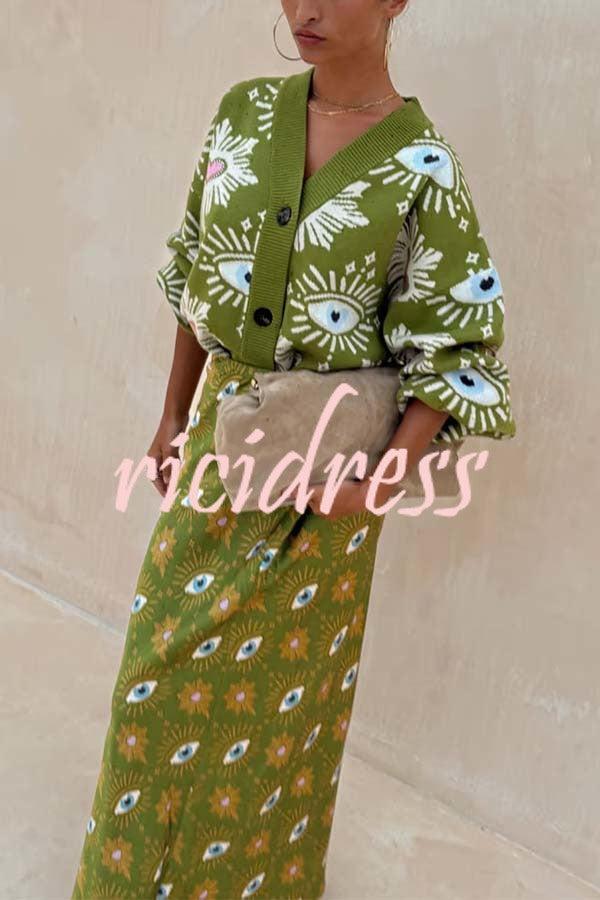 Mysterious Magic Knit Eye Heart Pattern Button Up Long Sleeve Loose Cardigan