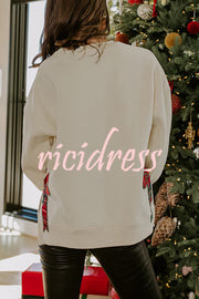 Merry Plaid Embroidered Bow Long-Sleeve Loose Sweatshirt